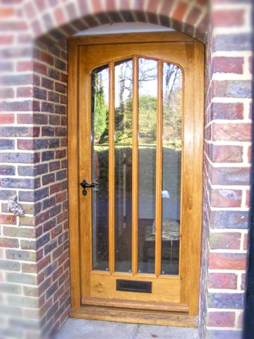 Oak front door, curved header, arched, Listed buliding, conservation grade, traditional, solid wood, hi specification, bespoke, Oak, hard wood, Joinery, double glazed, glass, frame